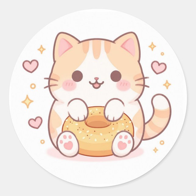 Pegatina Redonda Bollo de gato Kawaii (Anverso)