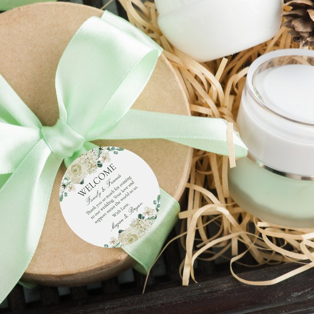 Pegatina Redonda Bolsa de bienvenida de Megan White Floral Boda (Subido por el creador)