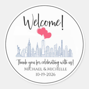 Pegatina Redonda Bolsa de bienvenida Minimalista Bodas Nueva York N