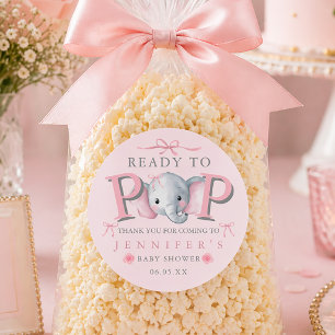 Pegatina Redonda Bolsa de palomitas de cumpleaños de elefante lista