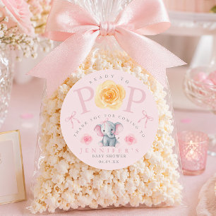 Pegatina Redonda Bolsa de palomitas de maíz para Baby Shower Elefan