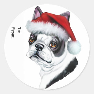 Pegatina Redonda Bolsas Santa Gift, Navidades de Boston Terrier