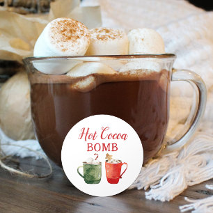 Pegatina Redonda Bomba de cacao caliente con acuarela roja y verde