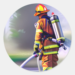Pegatina Redonda Bombero Combatiendo un incendio generó arte