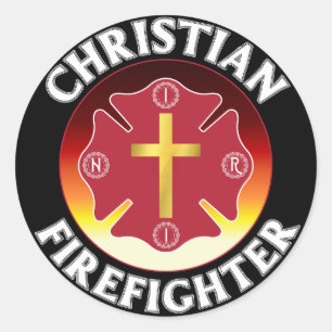 Pegatina Redonda Bombero cristiano Red St Florian Cross INRI