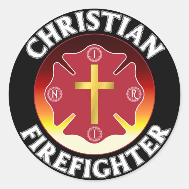 Pegatina Redonda Bombero cristiano Red St Florian Cross INRI (Anverso)