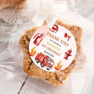 Pegatina Redonda Bombero de Camión de Bomberos Primer Fiesta de Cum