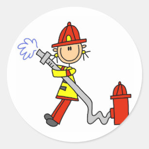 Pegatina Redonda Bombero de figura de palo con manguera