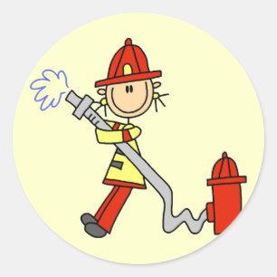 Pegatina Redonda Bombero de figura de palo con manguera