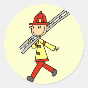 Pegatina Redonda Bombero de palitos con escalera