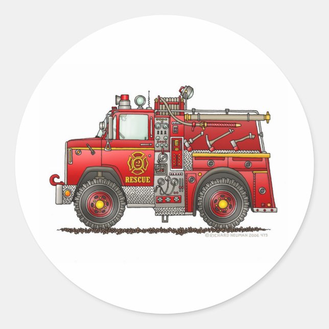 Pegatina Redonda Bombero Rescate Camión Bombero (Anverso)