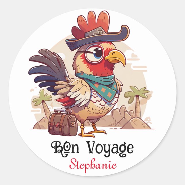 Pegatina Redonda Bon Voyage Funny Chicken Personalizado (Anverso)