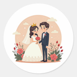Pegatina Redonda Bonita novia de cuento y groom al estilo Kawaii