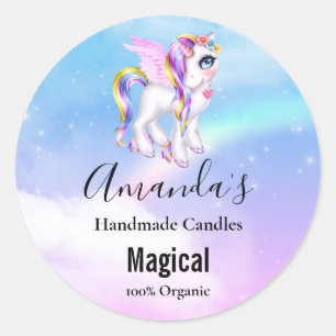 Pegatina Redonda Bonita unicornio con maná arcoiris y velas de cola