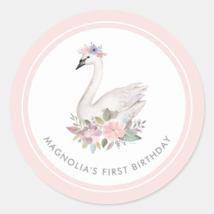 Pegatina Redonda Bonito acuarela Floral Swan Princess Cumpleaños