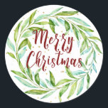 Pegatina Redonda Bonito acuarela Laurel Wreath Merry Christmas<br><div class="desc">La Laurel De La Acuarela De bonito Hizo Que Murieran Pegatinas De La Ronda De Navidad Con Un Fondo De Confetti De Oro Ligero.</div>