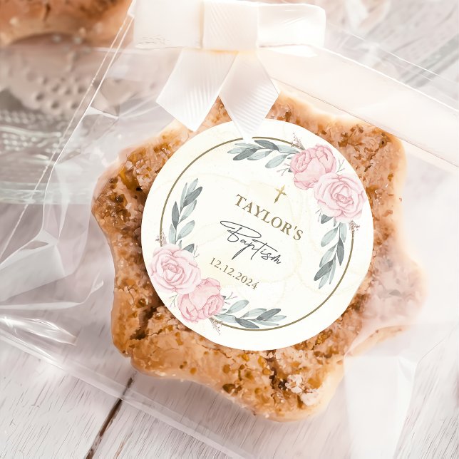 Pegatina Redonda Bonito Acuarela Neutra Bautismo Floral (Subido por el creador)