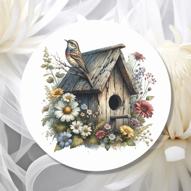 Pegatina Redonda Bonito acuarela Rustic Birhouse and Bird (Subido por el creador)
