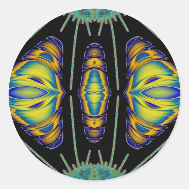 Pegatina Redonda ~ Bonito azul amarillo negro y fractal verde ~ (Anverso)