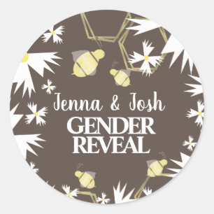 Pegatina Redonda Bonito Bee Floral Daisy Blanco Amarillo