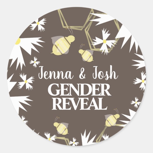 Pegatina Redonda Bonito Bee Floral Daisy Blanco Amarillo (Anverso)