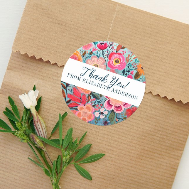 Pegatina Redonda Bonito Botánico Girly Floral Gracias (A pretty colorful floral Thank you sticker. Great for finishing off a small gift.)