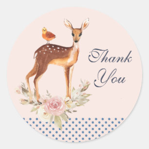 Pegatina Redonda Bonito Brown Fawn con pájaro y Rosas Gracias