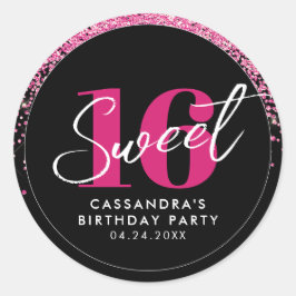 Pegatina Redonda Bonito en Purpurina rosa Glam Sweet 16