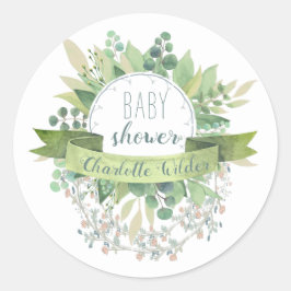 Pegatina Redonda Bonito Eucalyptus Floral Vines Baby Shower Classi