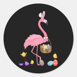 Pegatina Redonda Bonito Flamingo De Pascua Con Cesta De Pascua