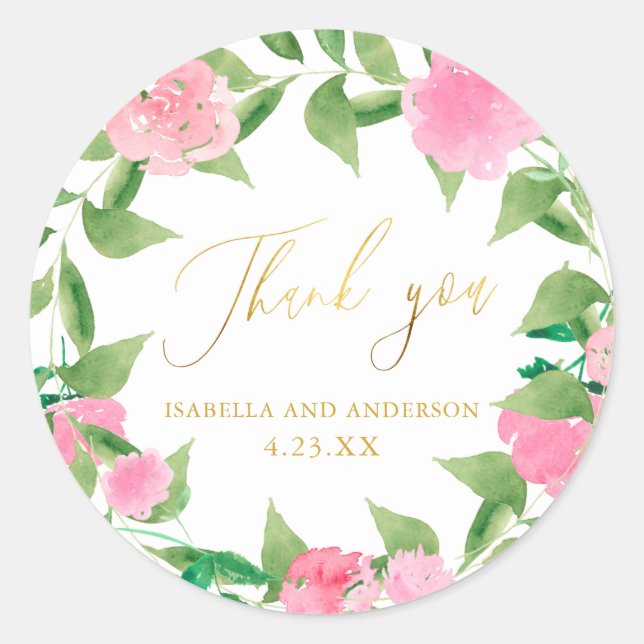 Pegatina Redonda Bonito Floral Faux Gold Boda Gracias (Anverso)