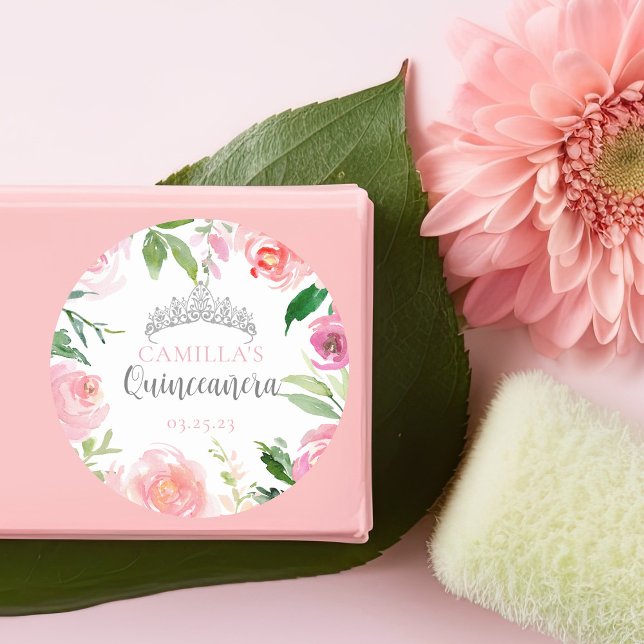 Pegatina Redonda Bonito Floral Quinceañera Plata Tiara Fiesta (Subido por el creador)