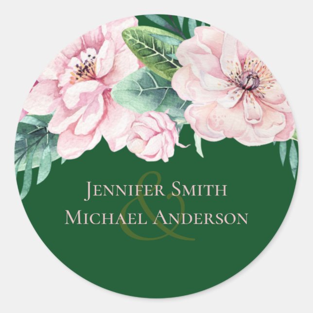Pegatina Redonda Bonito Floral Verde Salto Presupuesto Boda (Anverso)