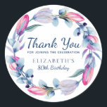 Pegatina Redonda Bonito Floral Wreath 80th Birthday Gracias Clase<br><div class="desc">Este bonito de cumpleaños número 80 pegatinas de agradecimiento cuentan con una corona floral acuarela en tonos azules,  rosas y malvas. GRACIAS POR UNIRSE A LA CELEBRACIÓN está en una simple tipografía azul para coordinarse con los colores de la corona floral. Personaliza con tu nombre y tu edad.</div>