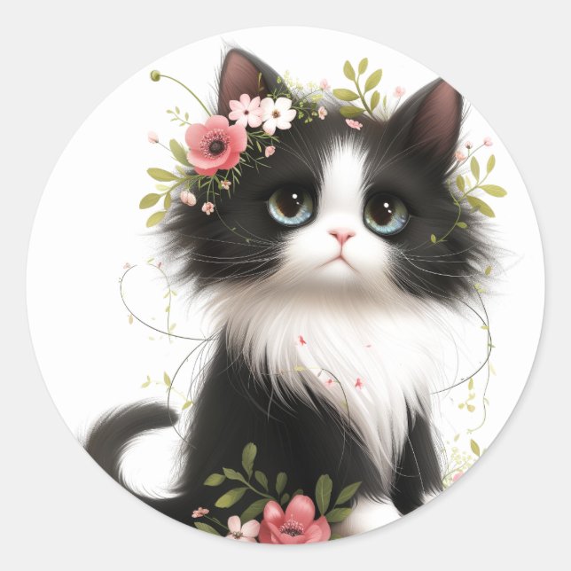 Pegatina Redonda Bonito gatito de Tuxedo con flores (Anverso)