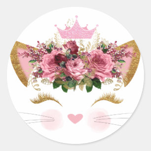Pegatina Redonda Bonito Kitty Floral Rosa Crown