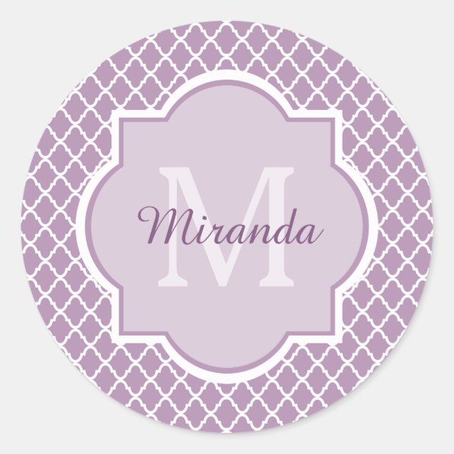 Pegatina Redonda Bonito Lavanda Purple Quatrefoil Monogramado Nombr (Anverso)