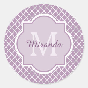 Pegatina Redonda Bonito Lavanda Purple Quatrefoil Monogramado Nombr