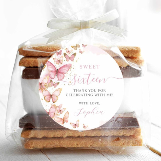 Pegatina Redonda Bonito Mariposas Rosadas Dulce 16 Quinceanera XV 1 (Subido por el creador)