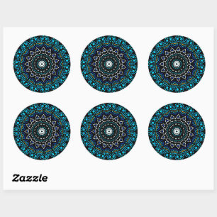 Pegatina Redonda Bonito moderna floral azul Mandala