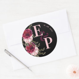 Pegatina Redonda Bonito Monograma Borgoña Rubor Boda Floral Rosa