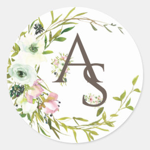 Pegatina Redonda Bonito monogramada Rubor y flores blancas
