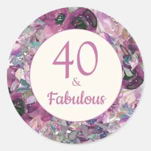 Pegatina Redonda Bonito Morado Acuarela Floral 40 Fabulous