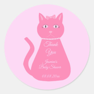 Pegatina Redonda Bonito Niña Rosa Personalizado Gato Baby Shower