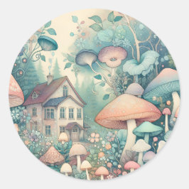 Pegatina Redonda Bonito núcleo de la cabaña Whimsical Village