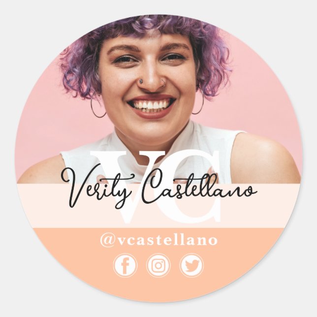 Pegatina Redonda Bonito Peach Moderno Script Name & Personalizado P (Anverso)