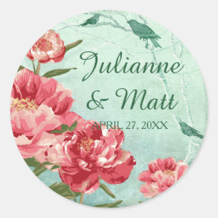 Pegatina Redonda Bonito Retro Flower Favor Seals Chintz Peonies