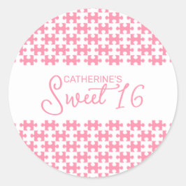 Pegatina Redonda Bonito Rompecabezas Blanco Y Rosa Confeccionado Du