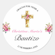 Bonito Rosa Floral Oro Cruz Bautismo Gracias