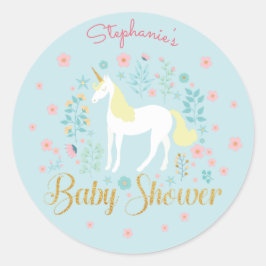 Pegatina Redonda Bonito Unicorn Aqua Gold Purpurina Baby Shower